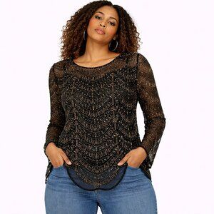 Jewel Queen women's black beaded blouse sheer long sleeves pull over Size: 2X